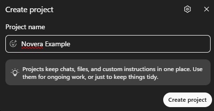 ChatGPT create project dialog with a Novera Example project name