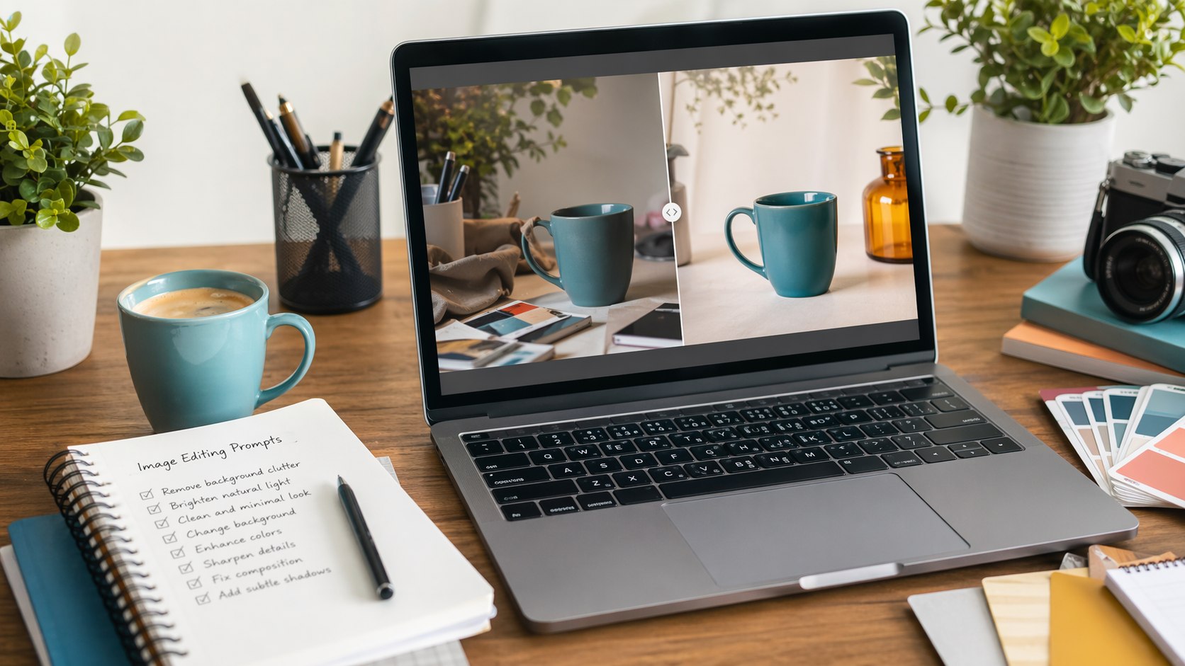 AI image editing workflow on a desk showing a laptop with a before-and-after image preview