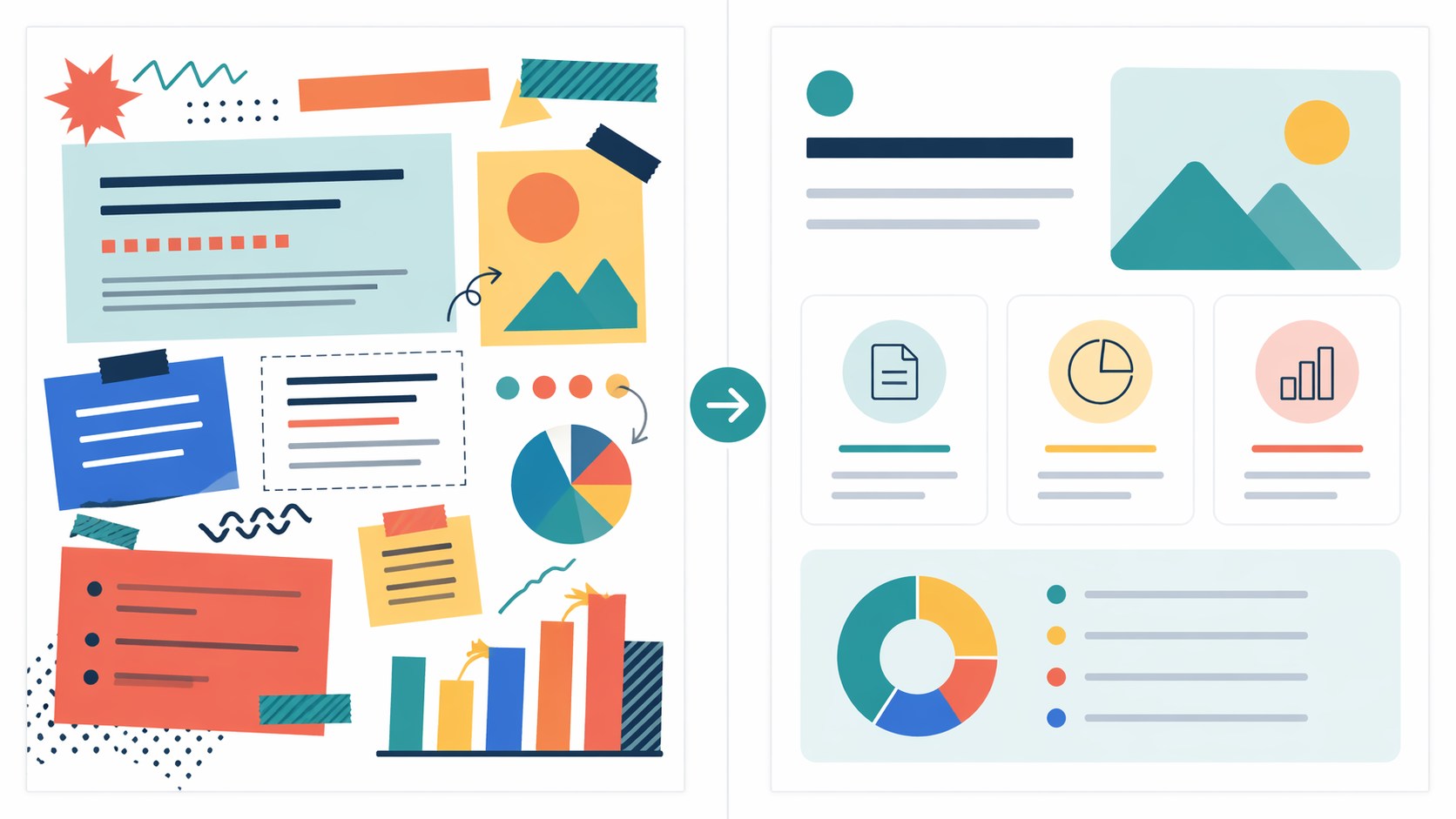 Generated before-and-after graphic layout example with a cluttered draft on the left and cleaner layout on the right