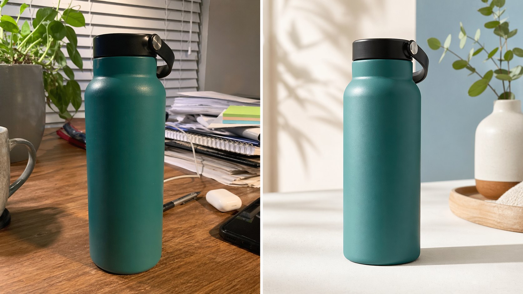 Generated before-and-after product cleanup example with a cluttered bottle photo on the left and clean studio bottle photo on the right