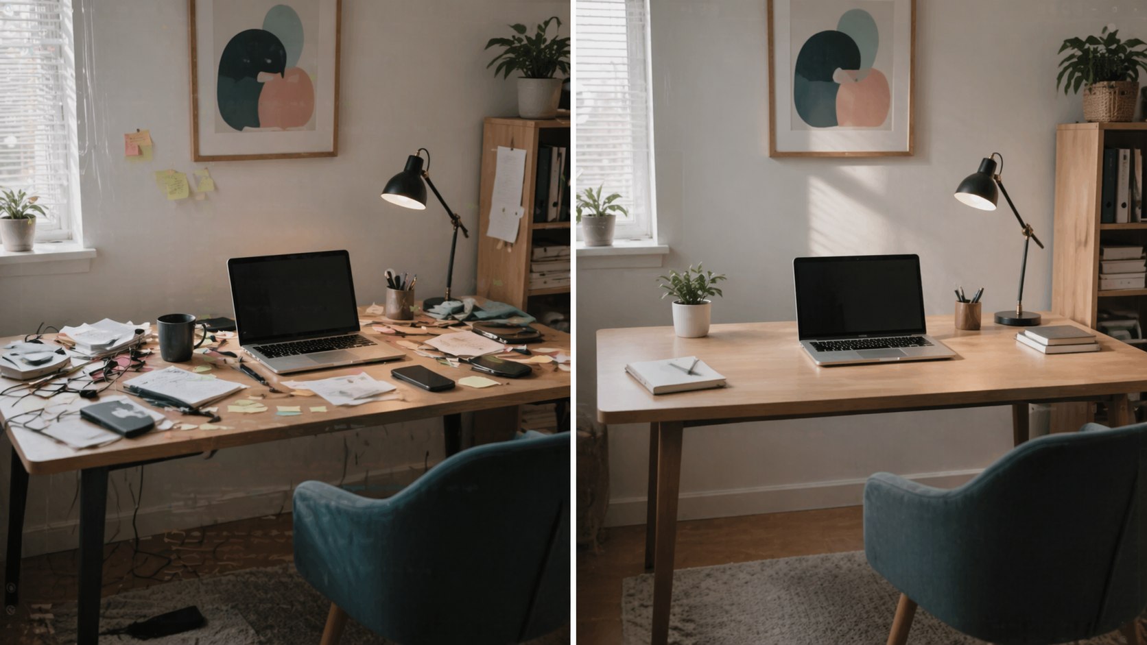 Generated before-and-after workspace cleanup example with a messy desk on the left and cleaner desk on the right