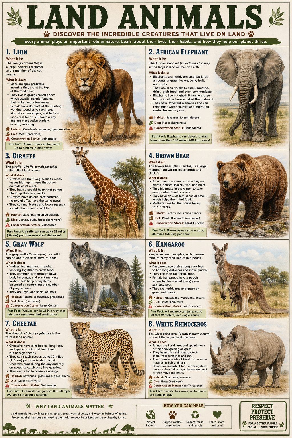 Generated educational poster about land animals with animal images, headings, labels, and detailed text descriptions