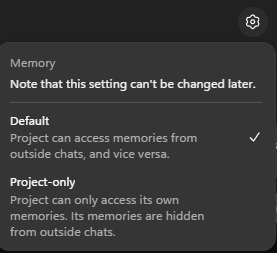 ChatGPT project memory setting showing Default and Project-only options