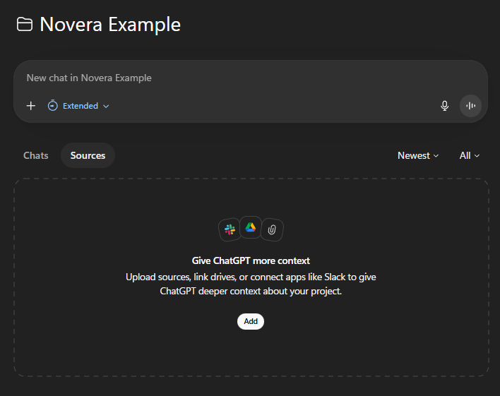 ChatGPT project Sources tab prompting the user to add context