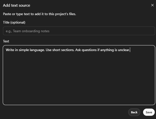 ChatGPT add text source screen with a simple writing instruction