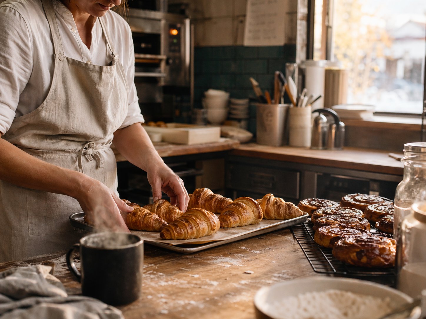 Generated realistic bakery photo with hands arranging croissants on trays at sunrise