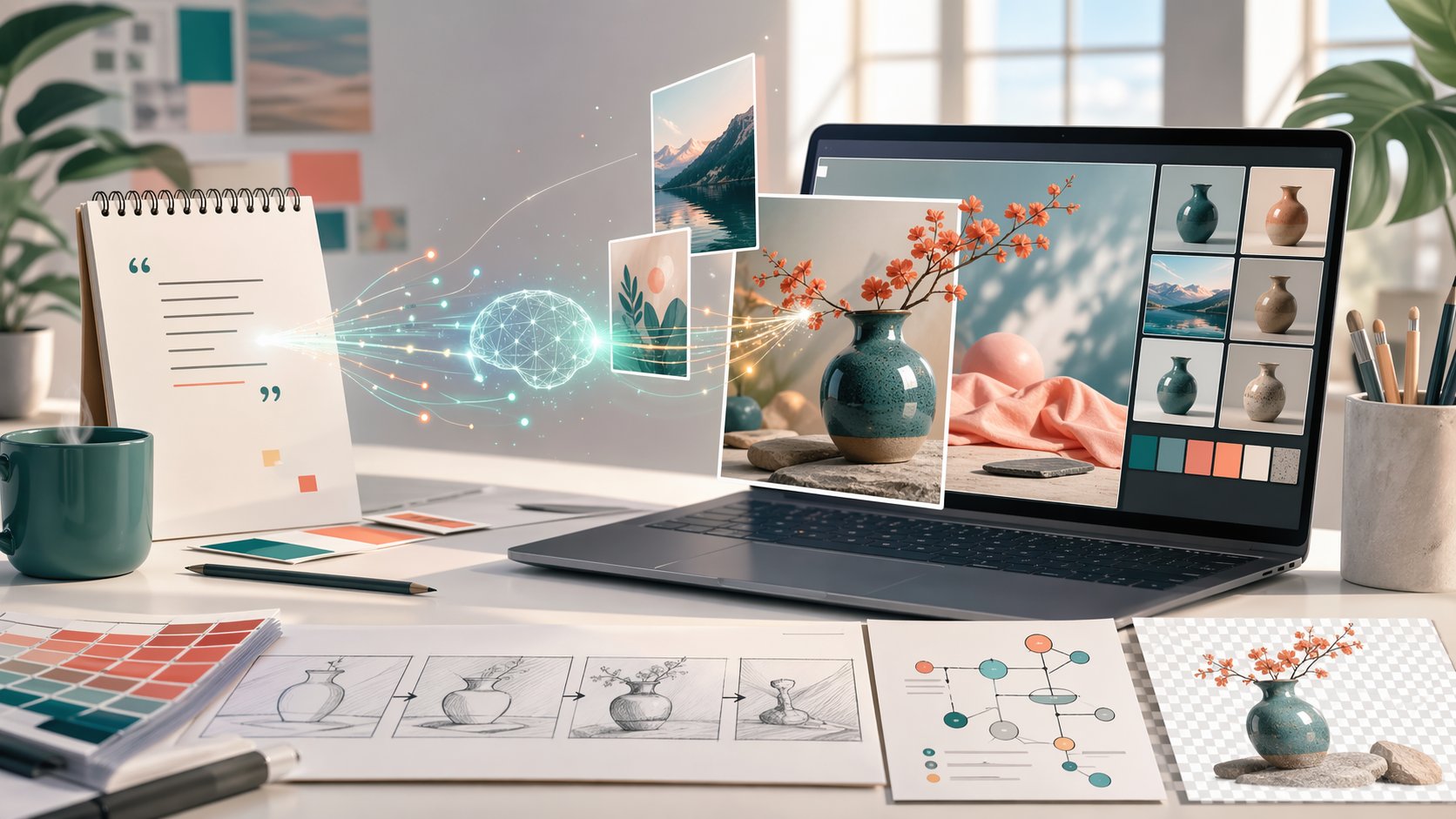 AI creative studio scene with a laptop, generated image previews, sketches, color swatches, and a transparent cutout example