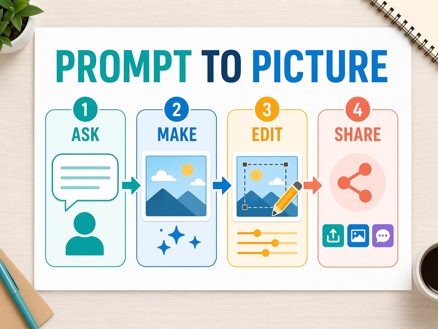 Generated infographic titled Prompt to Picture with four steps: Ask, Make, Edit, Share