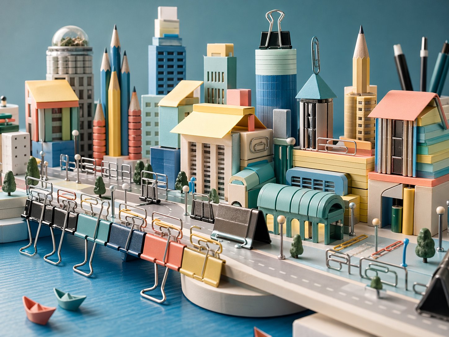 Generated miniature city built from paperclips, pencils, binder clips, sticky notes, and office supplies