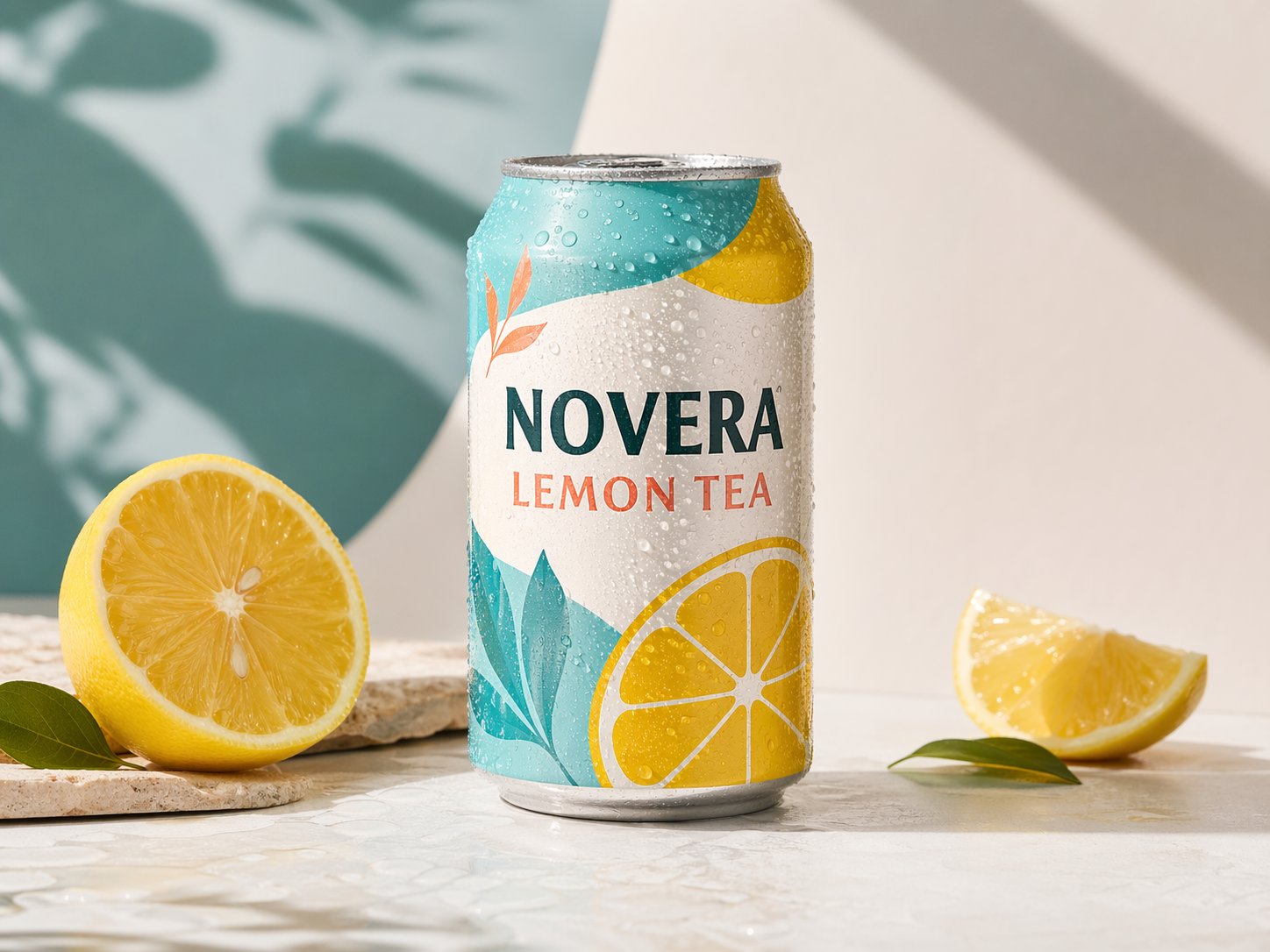 Generated product photo of a fictional Novera Lemon Tea can with readable label text