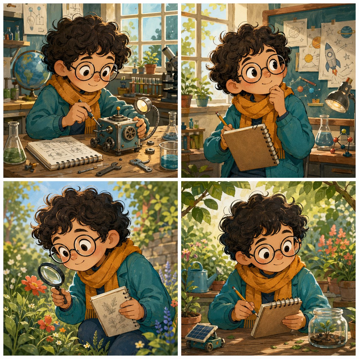Generated four-panel storyboard showing the same young inventor character in different scenes