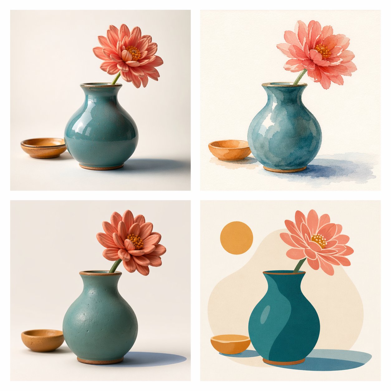 Generated comparison grid showing the same teal vase and coral flower in four visual styles