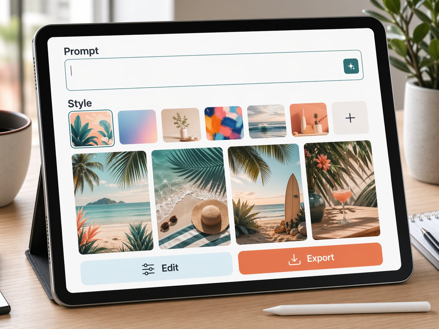 Generated tablet UI mockup for a fictional AI image planning app with Prompt, Style, Edit, and Export labels